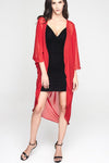 Model wearing 3 paneled red silk kimono front facing